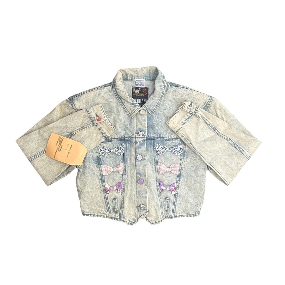 Vintage F.T. Brand Cropped Denim Jacket Size L‎ Acid Wash Bows Shoulder Pads NWT